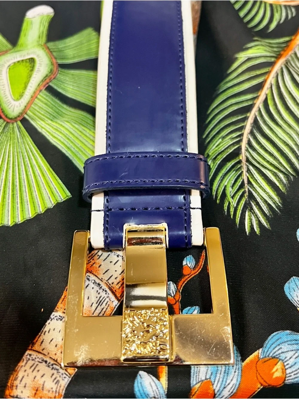 Vintage Anne‎ Klein Navy White Leather Nautical Coastal Preppy Notched Belt M/L
